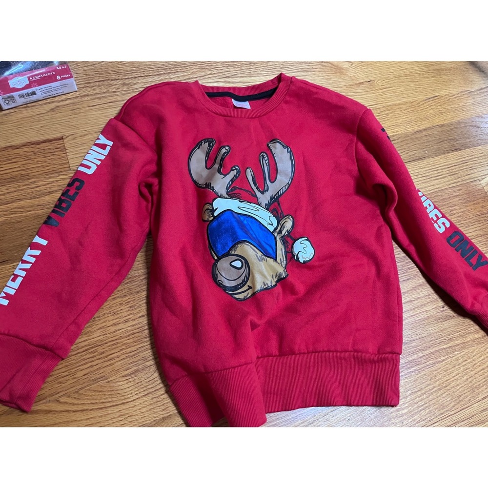 Holiday Time Kids Red Reindeer Merry Vibes Only Sweatshirt Size M 8 Christmas